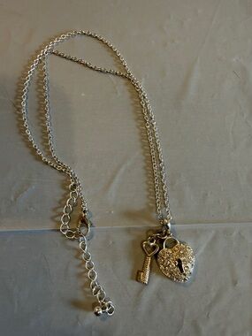 Silver Heart Lock and Key Pendant Necklace - Women's Jewelry